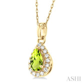 5x3 MM Pear Shape Peridot and 1/20 Ctw Single Cut Diamond Halo Semi-Precious Pendant with Chain in 14K Yellow Gold
